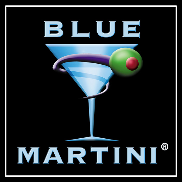 Blue Martini Logo With Martini Glass and Green Olive