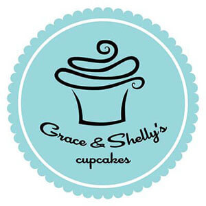 Turquoise Grace & Shelly's Cupcakes Logo with cupcake image